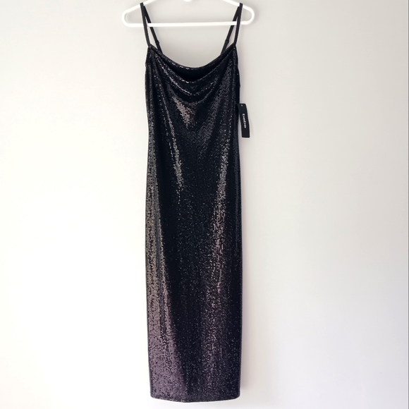 NEW Bebe Shiny Metallic Maxi Dress Spaghetti Strap Draped Neck Side Slit Medium - Picture 1 of 15
